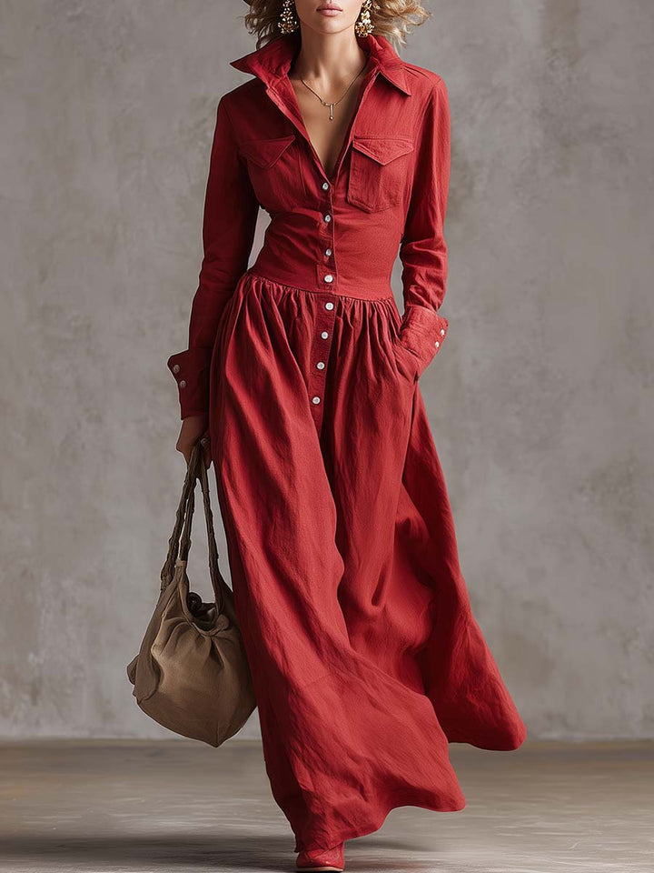 Malea - Maxikleid Western im Retro-Stil aus Leinen mit Kragen und Knöpfen