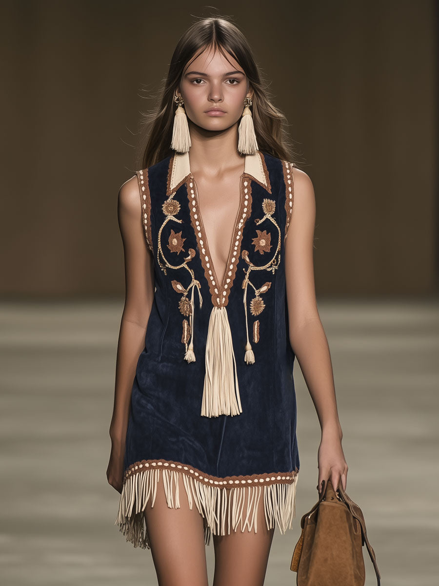 Ela - Minikleid Western im Retro-Stil aus Kunstwildleder Blumenmuster mit Fransen und V-Ausschnitt und ärmellosem Schnitt