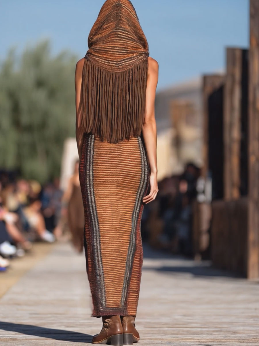 Selma - Maxikleid Western im Retro-Stil aus Strick gestreift mit Fransen und V-Ausschnitt und ärmellosem Schnitt