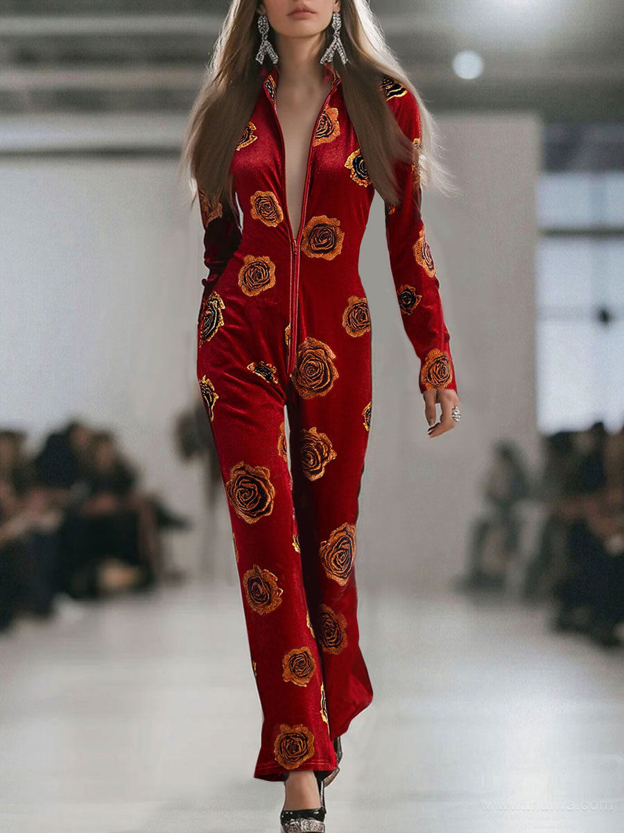 Alina - Overall lässig Retro aus Samt Blumenmuster mit Reißverschluss und V-Ausschnitt
