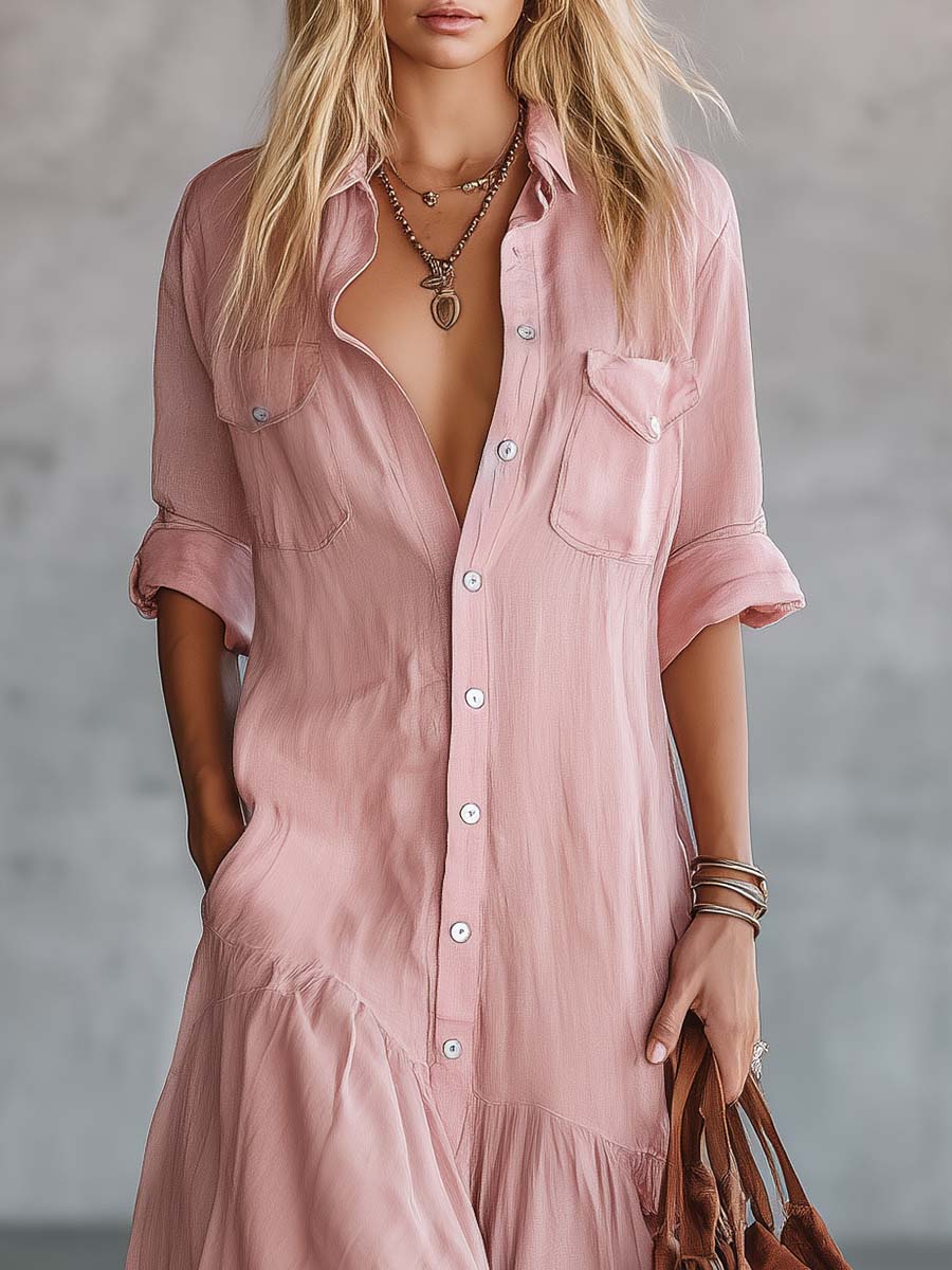 Runa - Maxikleid lässig Retro aus Leinen mit Kragen und V-Ausschnitt