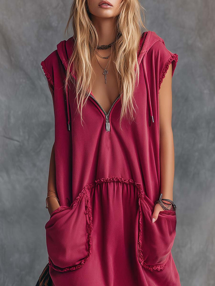Amelie - Maxikleid lässig Retro aus Leinen mit Reißverschluss und V-Ausschnitt und ärmellosem Schnitt