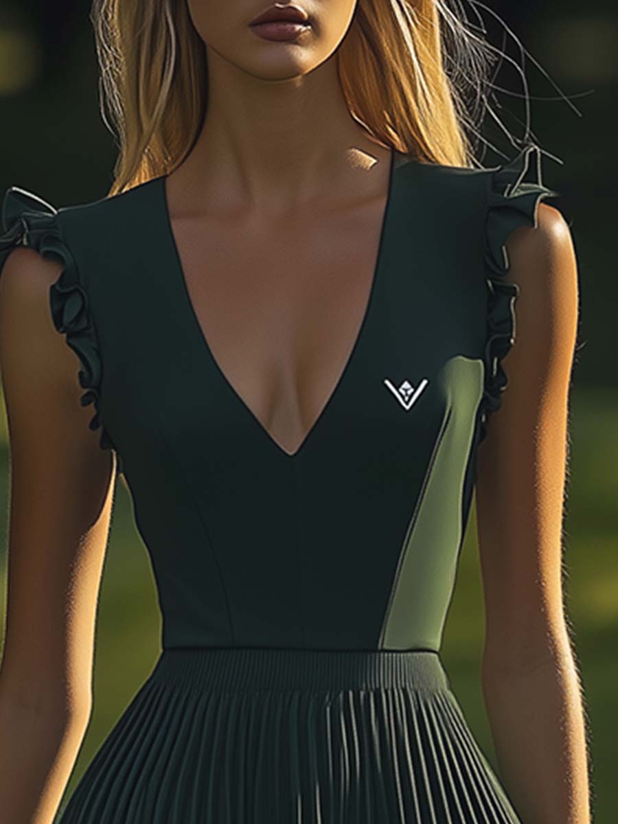 Gisela - Elegantes Minikleid Retro aus technischem Gewebe mit Volants und V-Ausschnitt und ärmellosem Schnitt