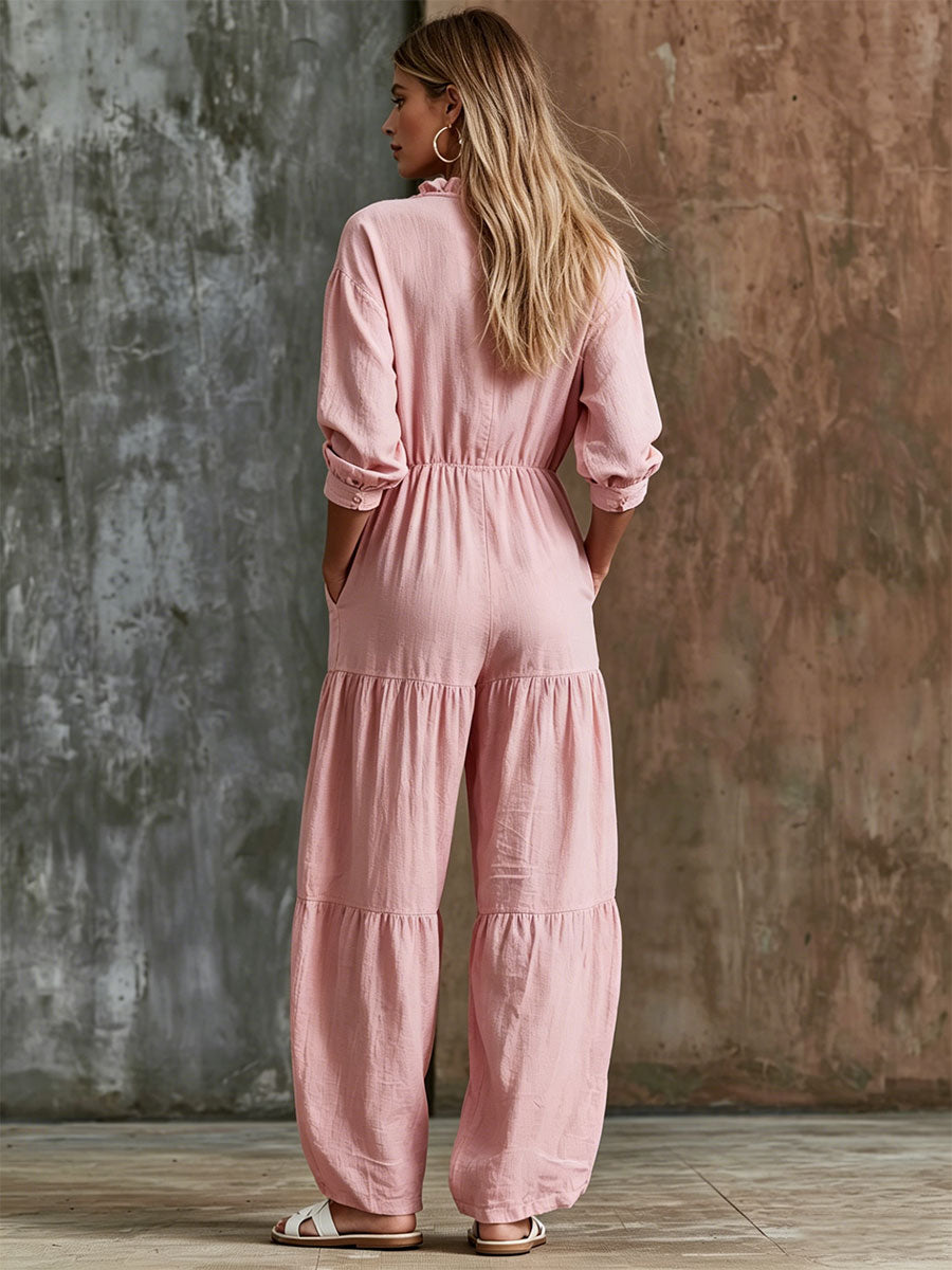 Mina - Overall sportlich im Retro-Stil aus Leinen mit Volants und V-Ausschnitt