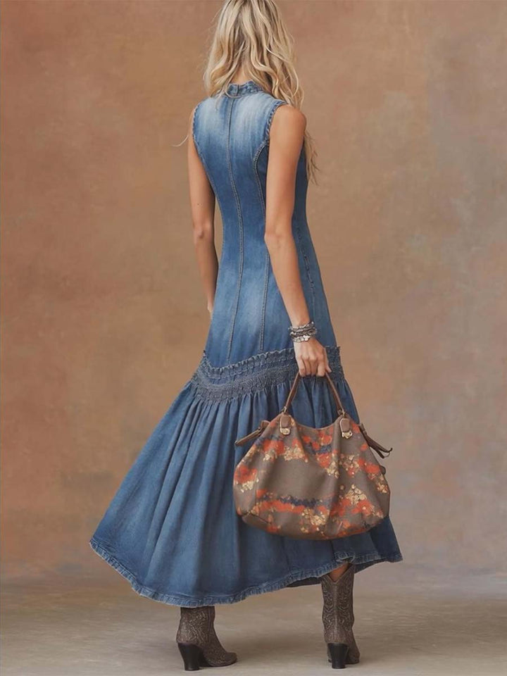 Elli - Elegantes Maxikleid Retro aus Jeansstoff ärmellos