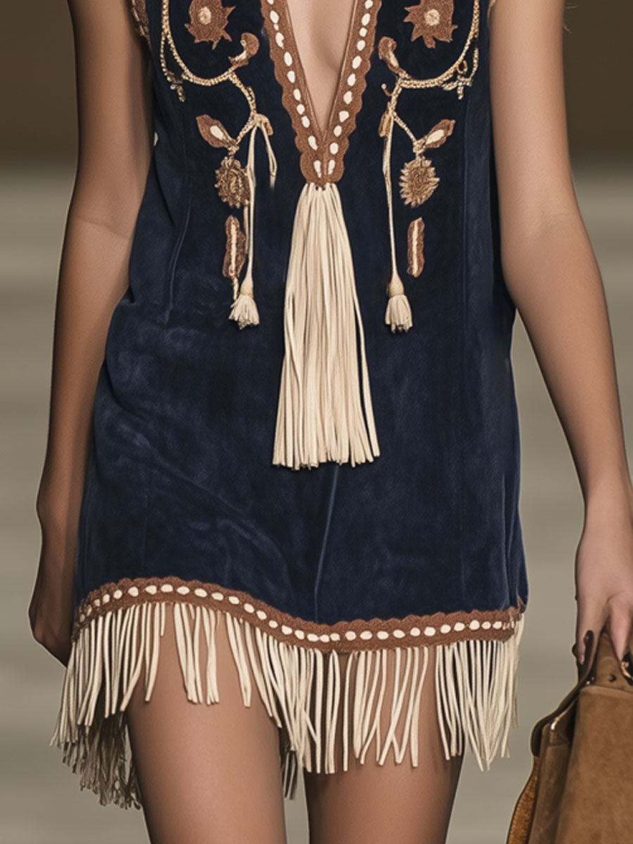 Ela - Minikleid Western im Retro-Stil aus Kunstwildleder Blumenmuster mit Fransen und V-Ausschnitt und ärmellosem Schnitt