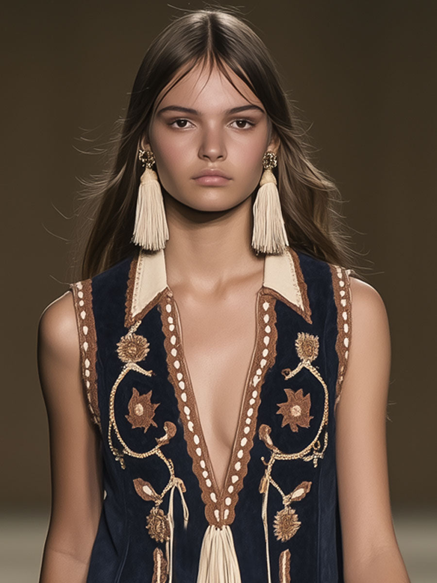 Ela - Minikleid Western im Retro-Stil aus Kunstwildleder Blumenmuster mit Fransen und V-Ausschnitt und ärmellosem Schnitt