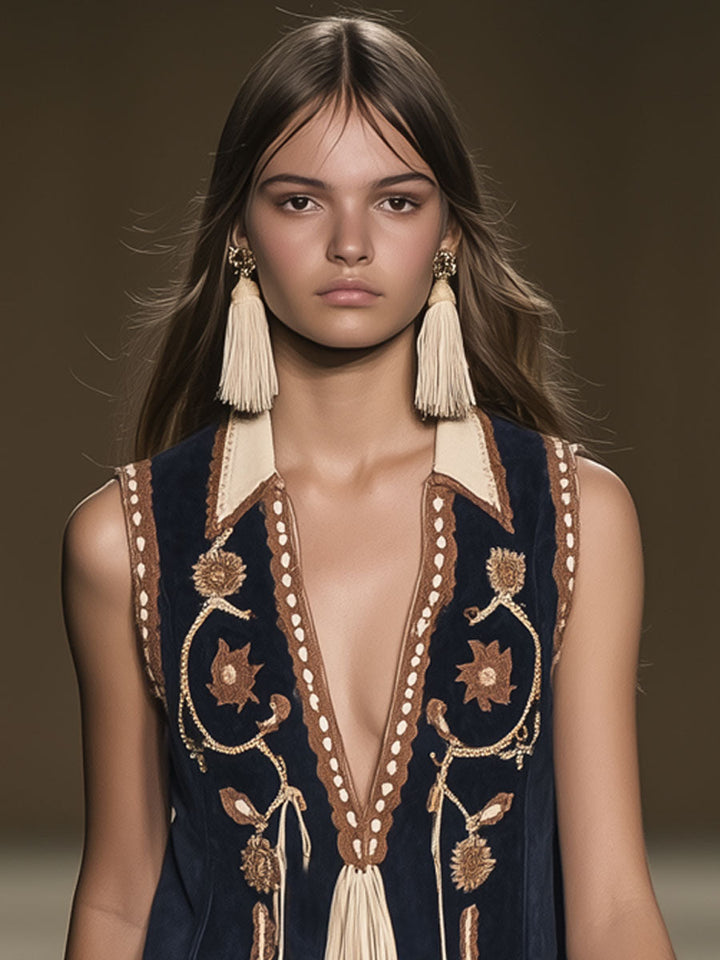 Ela - Minikleid Western im Retro-Stil aus Kunstwildleder Blumenmuster mit Fransen und V-Ausschnitt und ärmellosem Schnitt