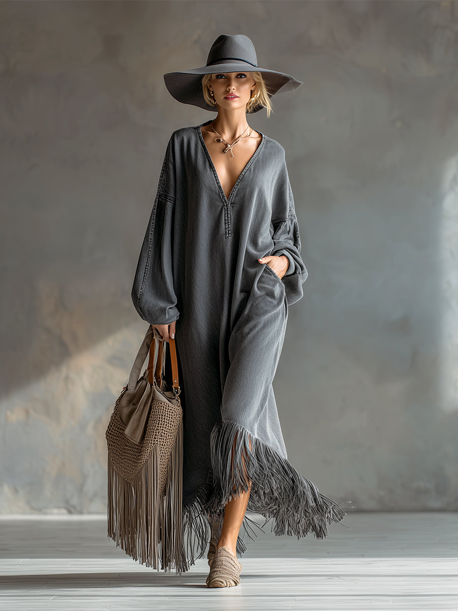 Noemi - Elegantes Maxikleid Western aus Jeansstoff mit Fransen und V-Ausschnitt