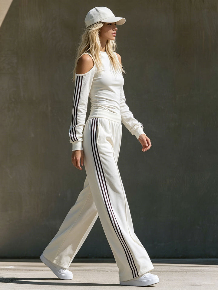 Liesa - Sportliches Hosen-Ensemble im Retro-Stil aus technischem Gewebe im Farbblock-Design schulterfrei