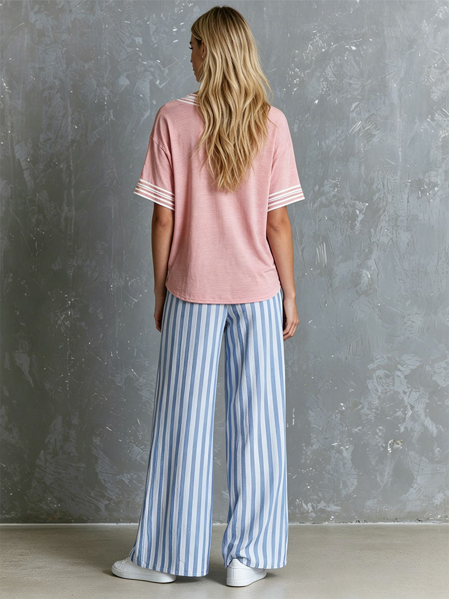 Anni - Ensemble mit shorts sportlich im Retro-Stil aus Leinen gestreift mit V-Ausschnitt