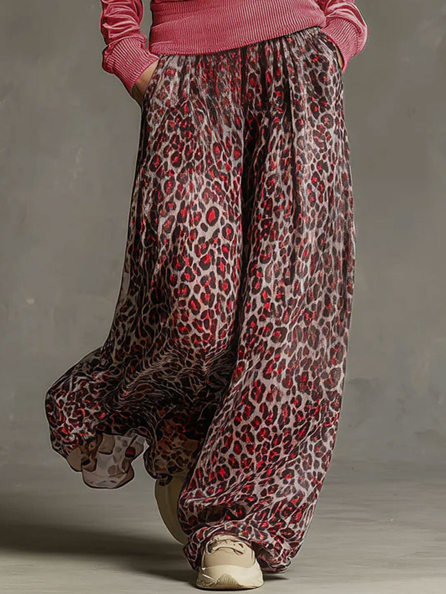 Bine - Lässiges Hosen-Ensemble Retro aus Chiffon Leopardenmuster mit V-Ausschnitt und Kapuze