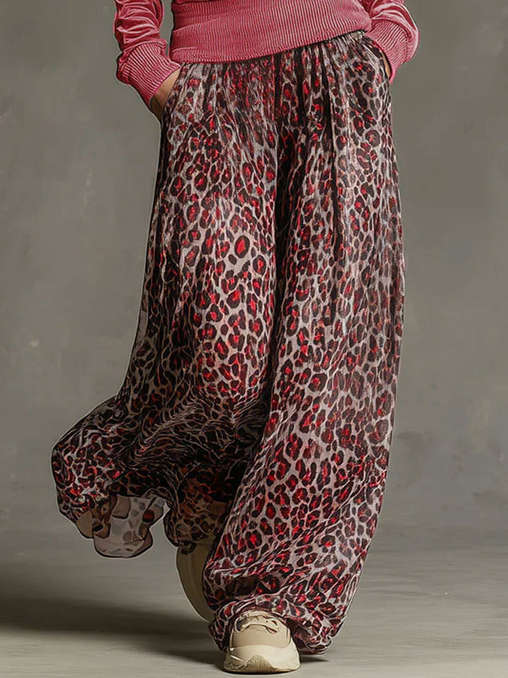Bine - Lässiges Hosen-Ensemble Retro aus Chiffon Leopardenmuster mit V-Ausschnitt und Kapuze