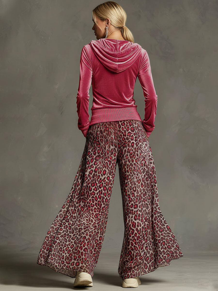 Bine - Lässiges Hosen-Ensemble Retro aus Chiffon Leopardenmuster mit V-Ausschnitt und Kapuze