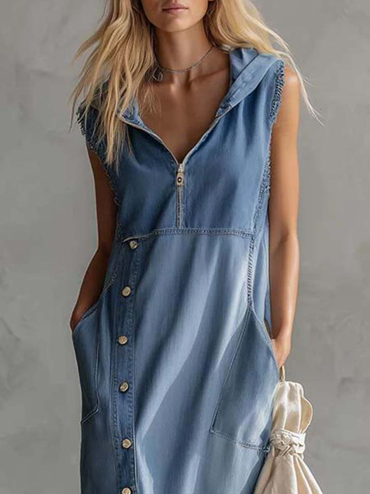 Nadja - Midikleid lässig Retro aus Jeansstoff Farbverlauf mit Reißverschluss und V-Ausschnitt und ärmellosem Schnitt