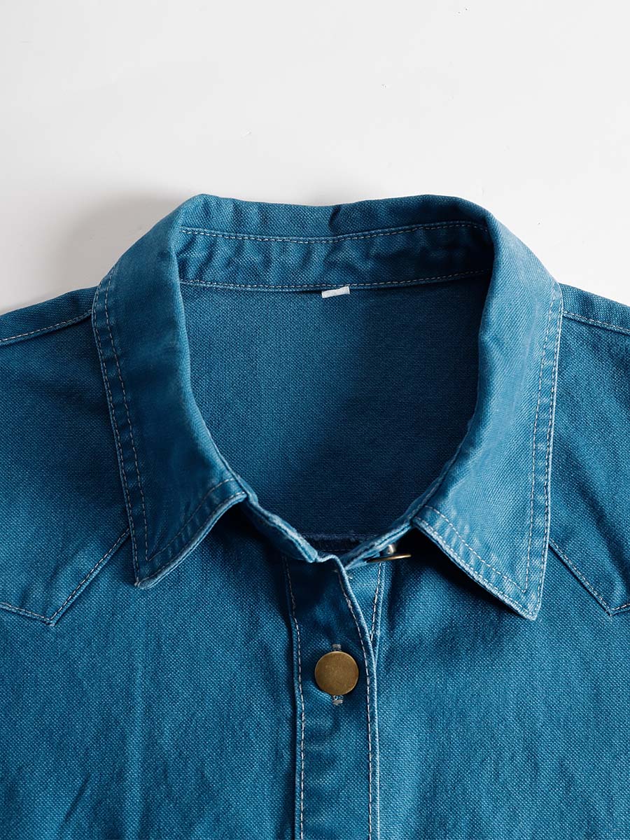 Mechthild - Maxikleid Western im Retro-Stil aus Jeansstoff mit V-Ausschnitt und Knöpfen mit Linie feminin
