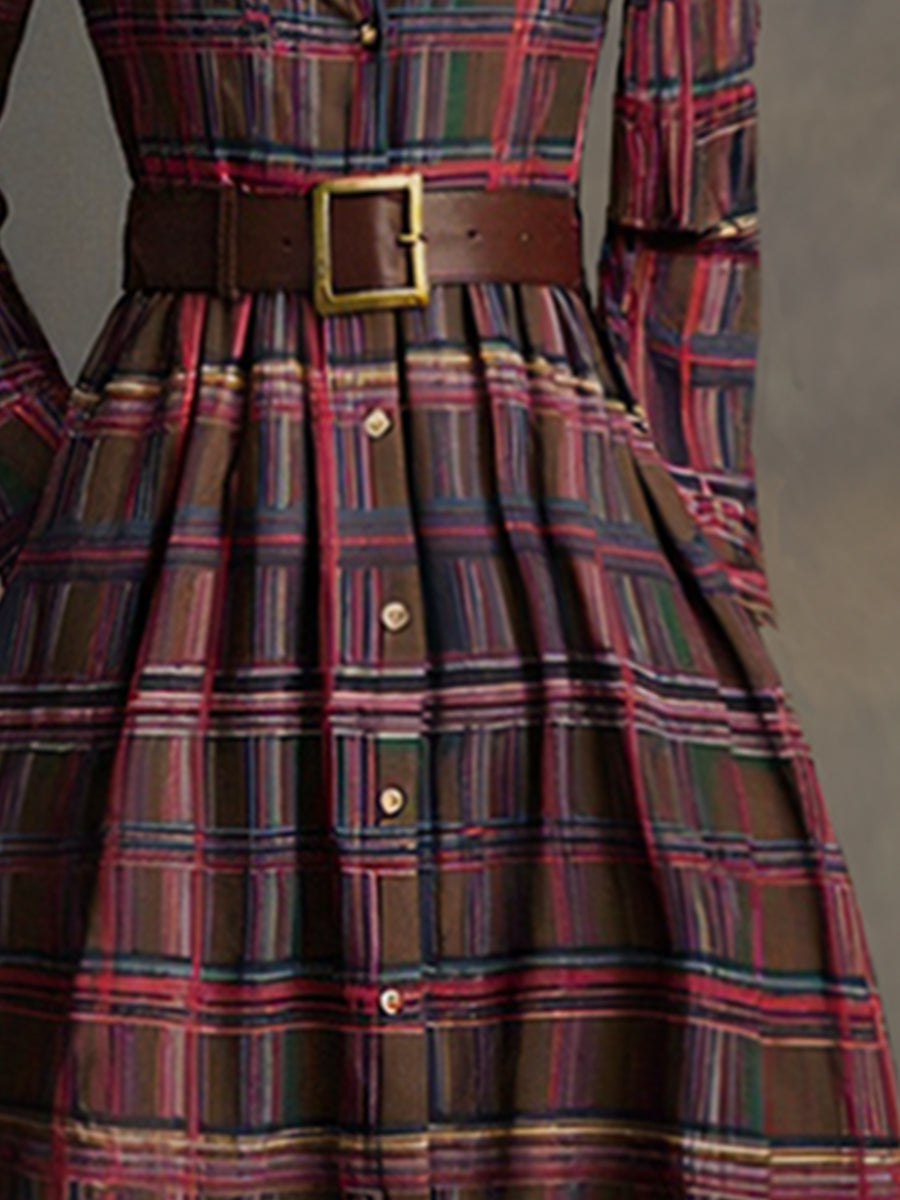 Anke - Maxikleid Western im Retro-Stil aus Leinen kariert mit Kragen