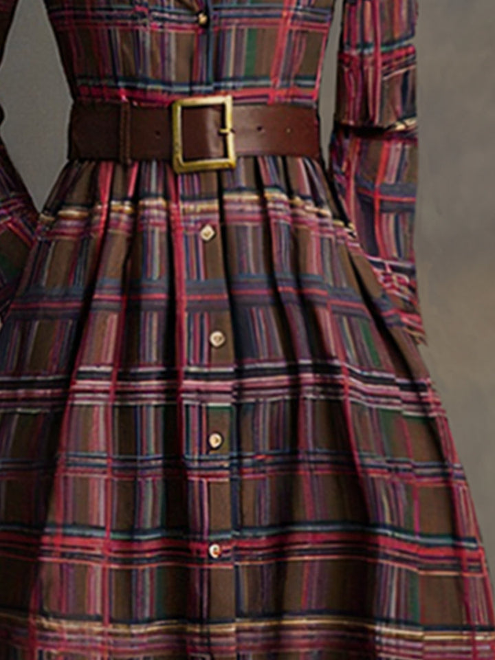 Anke - Maxikleid Western im Retro-Stil aus Leinen kariert mit Kragen