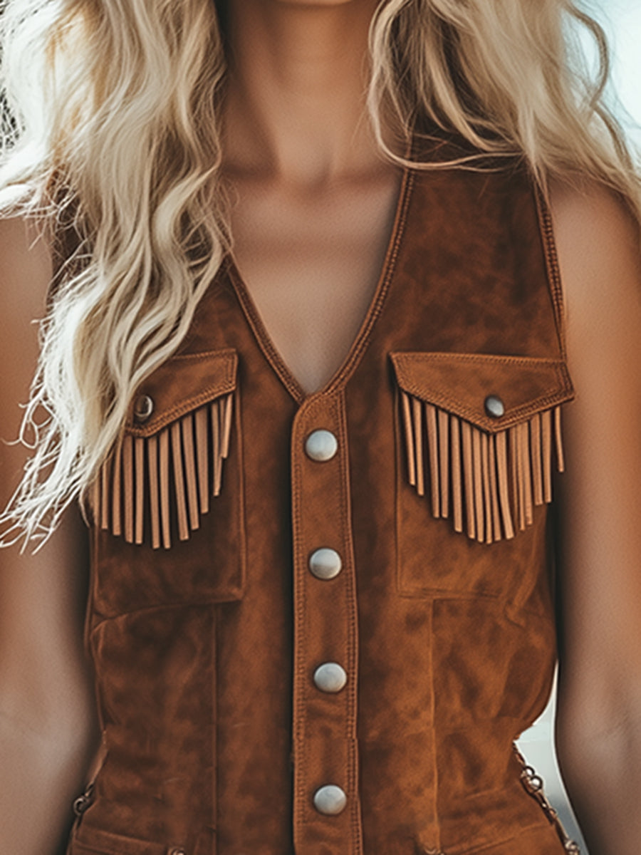 Erika - Overall Western im Retro-Stil aus Kunstwildleder mit Fransen und V-Ausschnitt und ärmellosem Schnitt