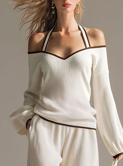 Jasmin - Elegantes Hosen-Ensemble für den Alltag aus Strick gestreift und schulterfrei und ärmellos