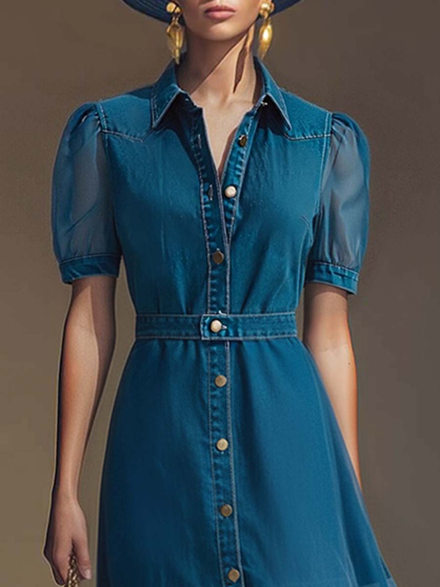 Mechthild - Maxikleid Western im Retro-Stil aus Jeansstoff mit V-Ausschnitt und Knöpfen mit Linie feminin