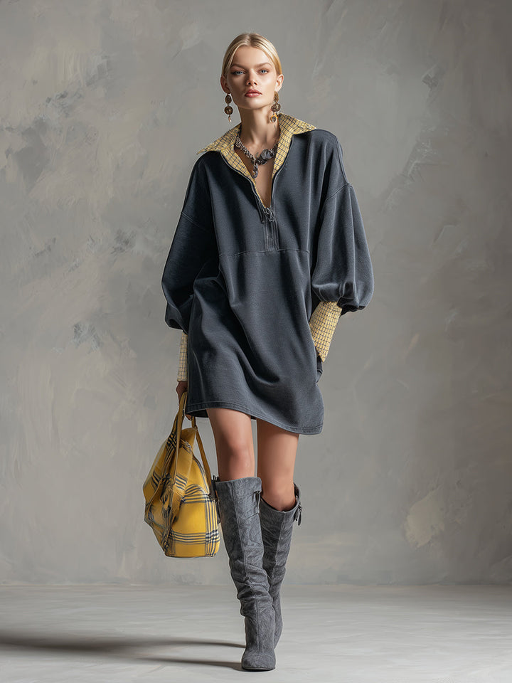 Kaja - Minikleid lässig sportlich aus Leinen kariert mit Reißverschluss