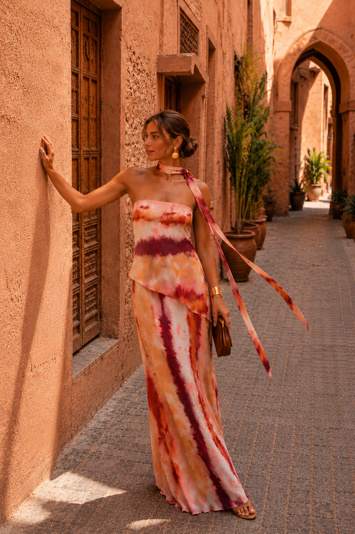 Annelie - Maxikleid mit Bandeau Ausschnitt und Print