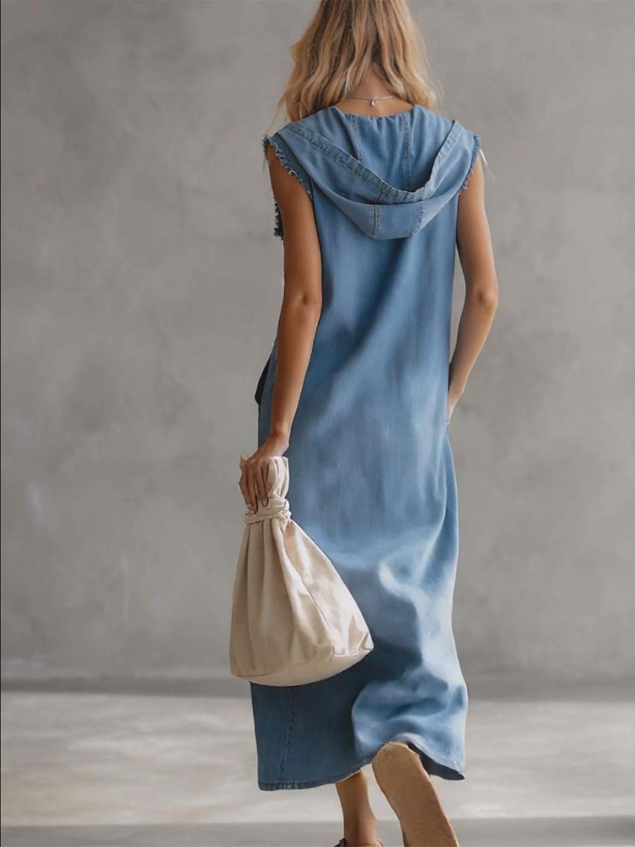 Nadja - Midikleid lässig Retro aus Jeansstoff Farbverlauf mit Reißverschluss und V-Ausschnitt und ärmellosem Schnitt