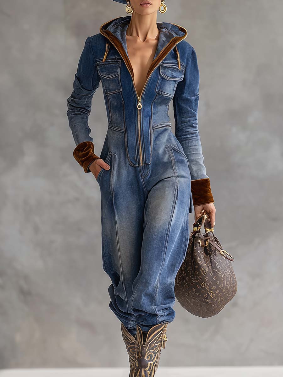 Sofia - Overall lässig Retro aus Jeansstoff im Farbblock-Design mit Reißverschluss und V-Ausschnitt