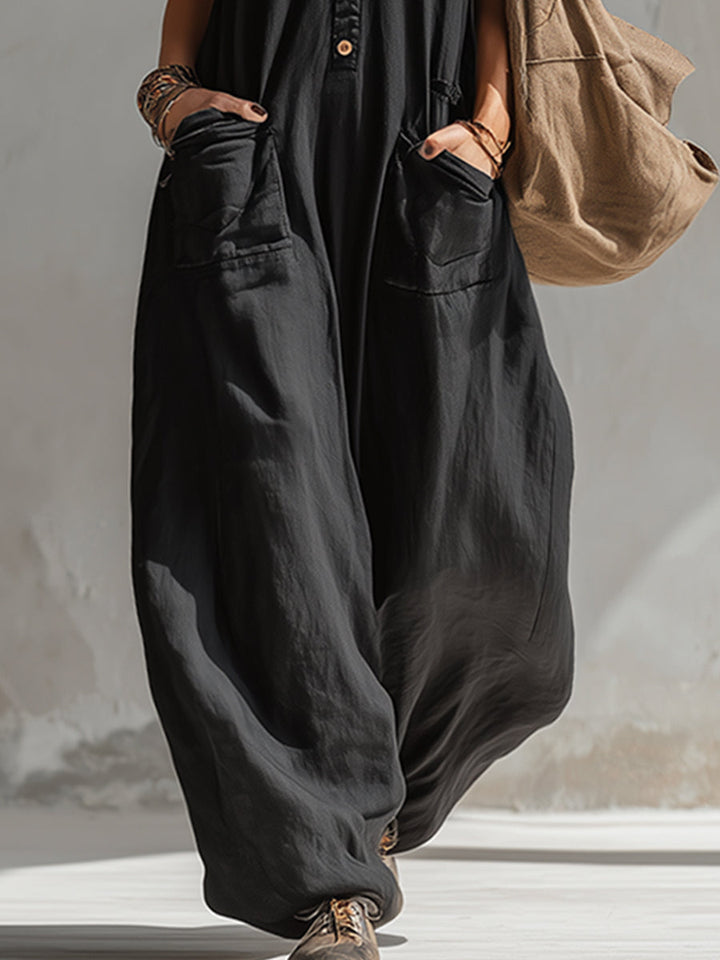 Magdalena - Overall elegant für den Alltag aus Leinen mit V-Ausschnitt und ärmellosem Schnitt
