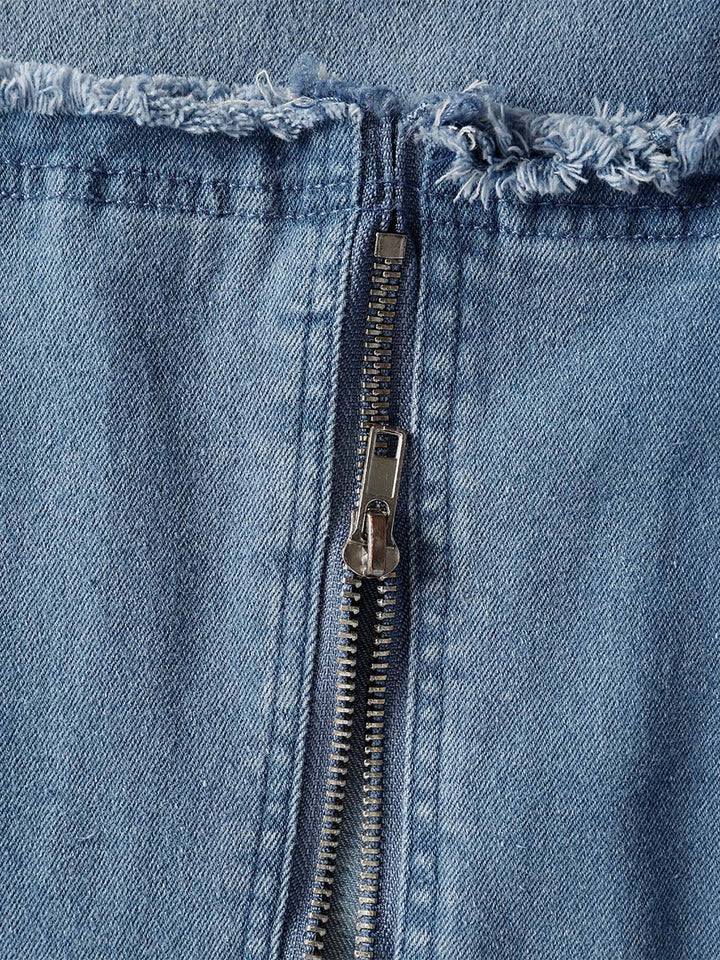 Nadja - Midikleid lässig Retro aus Jeansstoff Farbverlauf mit Reißverschluss und V-Ausschnitt und ärmellosem Schnitt