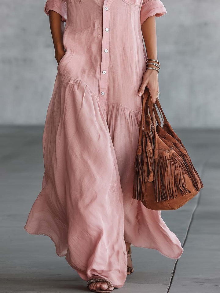 Runa - Maxikleid lässig Retro aus Leinen mit Kragen und V-Ausschnitt