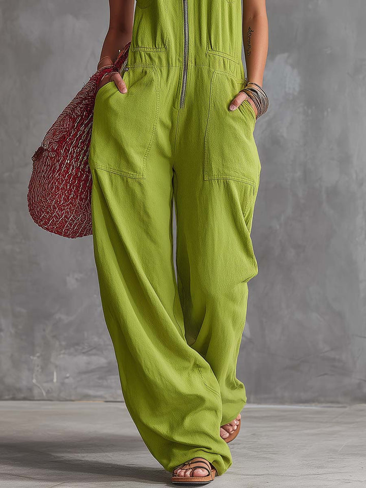 Marita - Overall lässig Retro aus Leinen mit Reißverschluss und Kragen ärmellos
