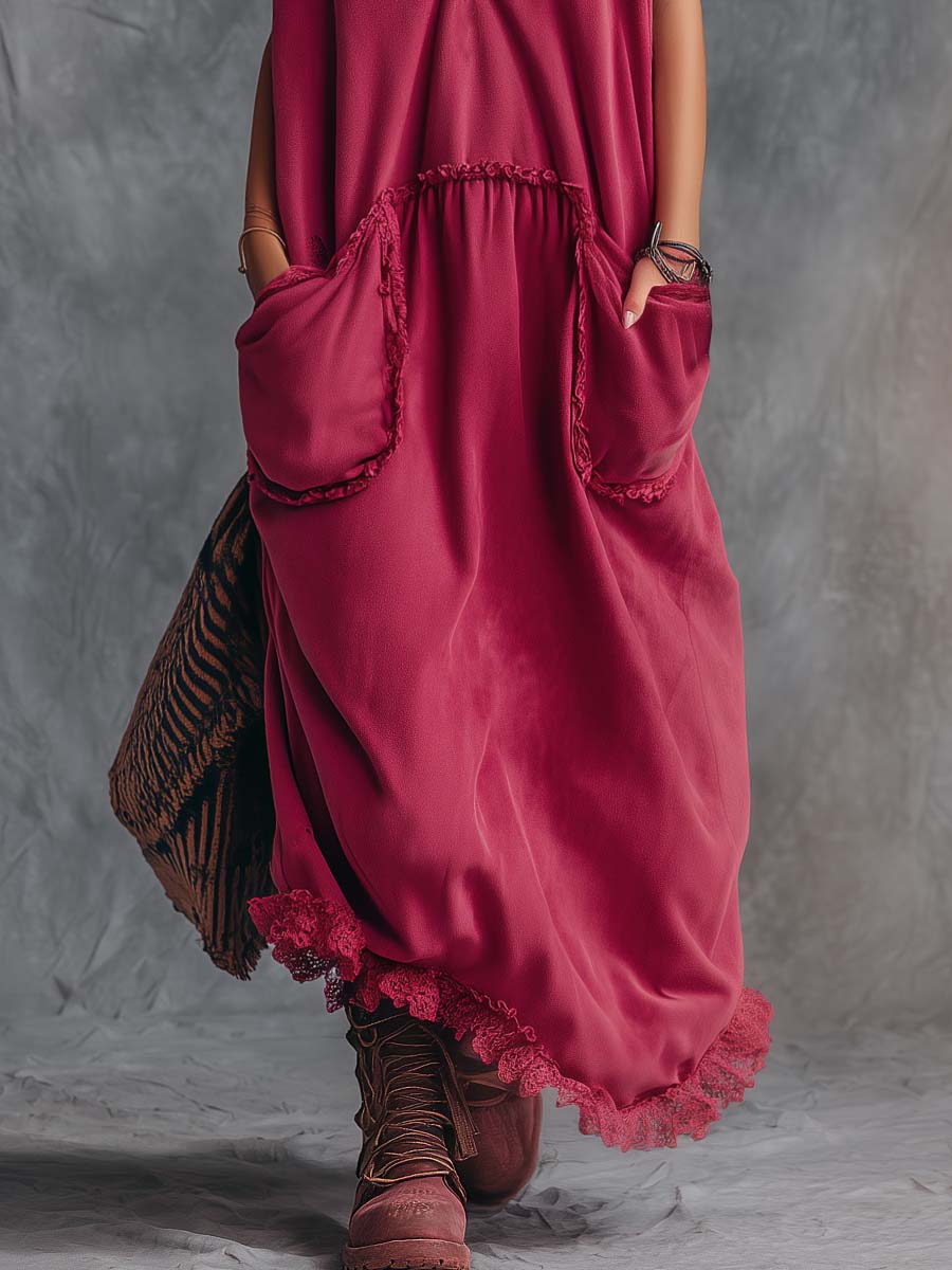 Amelie - Maxikleid lässig Retro aus Leinen mit Reißverschluss und V-Ausschnitt und ärmellosem Schnitt