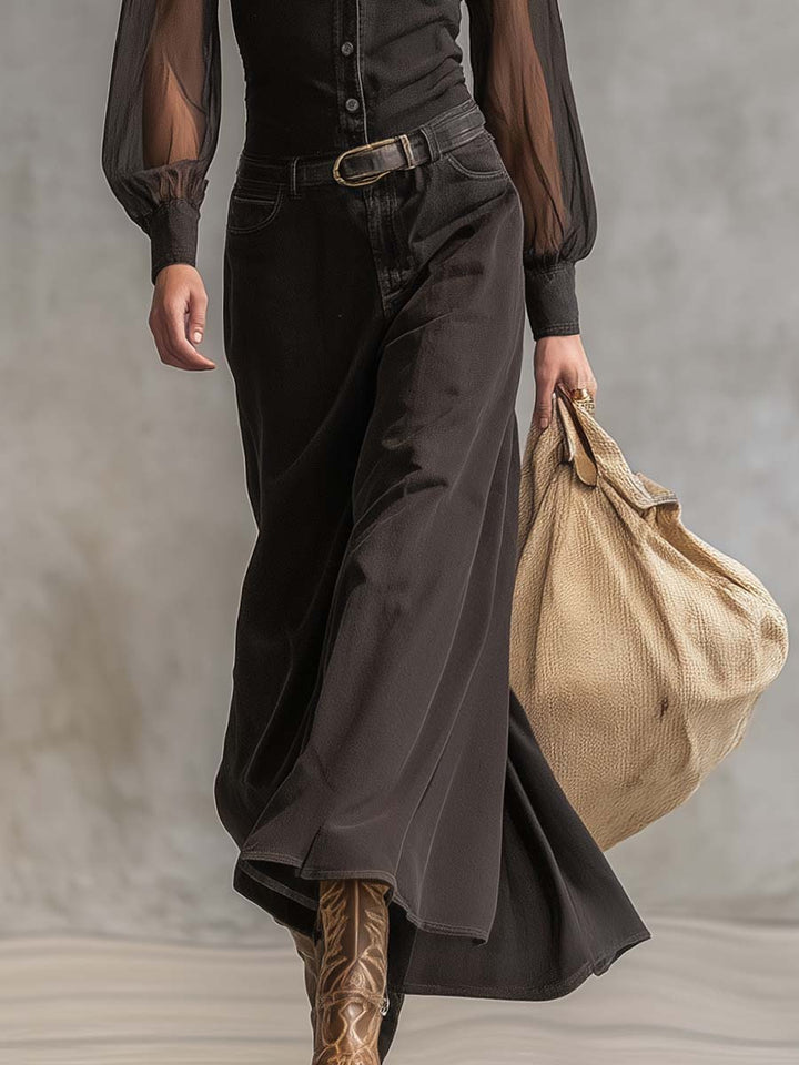 Maura - Maxikleid Western im Retro-Stil aus Jeansstoff mit V-Ausschnitt und Knöpfen