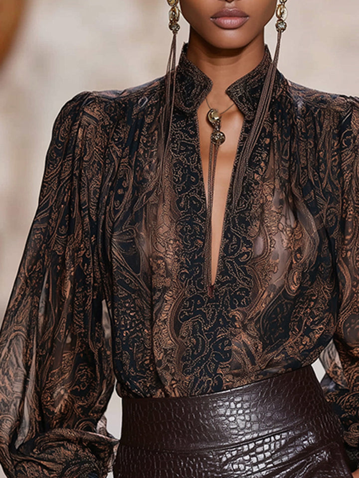 Ria - Bluse Western im Retro-Stil aus Chiffon abstrakt mit V-Ausschnitt