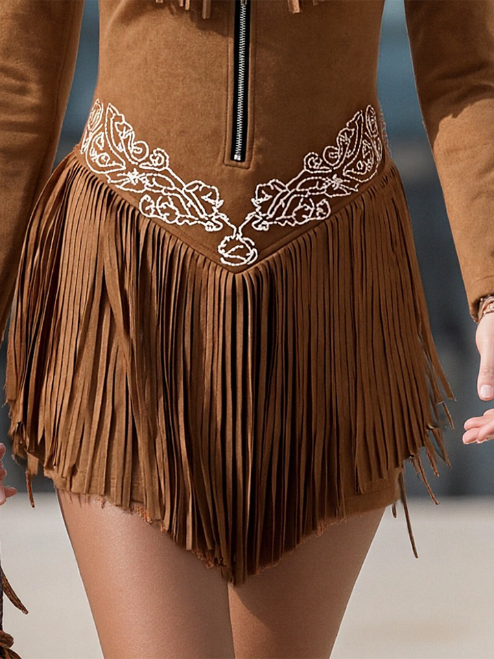 Rafaela - Minikleid Western im Retro-Stil aus Kunstwildleder mit Reißverschluss und Fransen bestickt