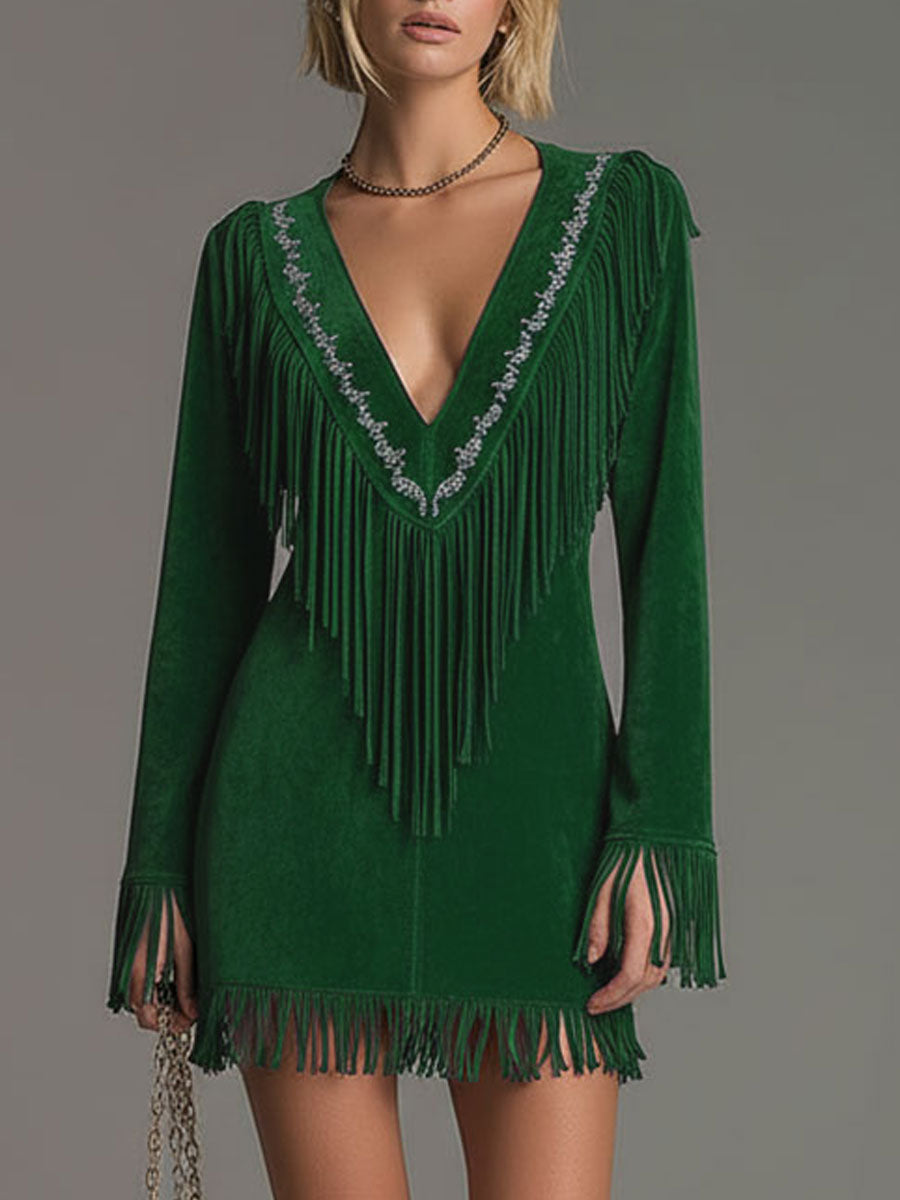 Käthe - Minikleid Western im Retro-Stil aus Kunstwildleder mit Fransen und V-Ausschnitt bestickt