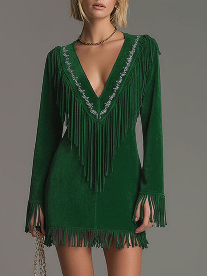 Käthe - Minikleid Western im Retro-Stil aus Kunstwildleder mit Fransen und V-Ausschnitt bestickt