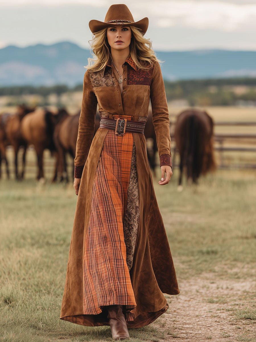 Henrietta - Maxikleid Western im Retro-Stil aus Spitze kariert mit Einsätzen aus Spitze