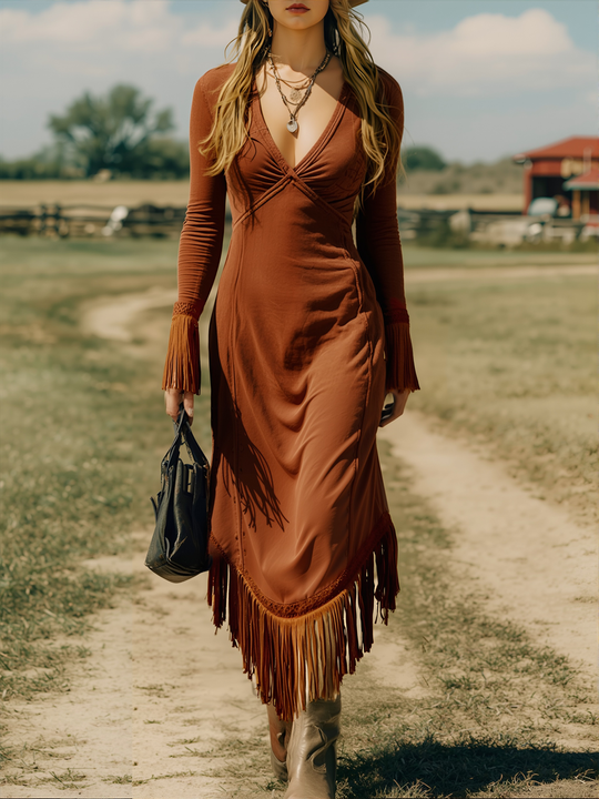 Frida - Midikleid Western im Retro-Stil aus Leinen mit Fransen und V-Ausschnitt