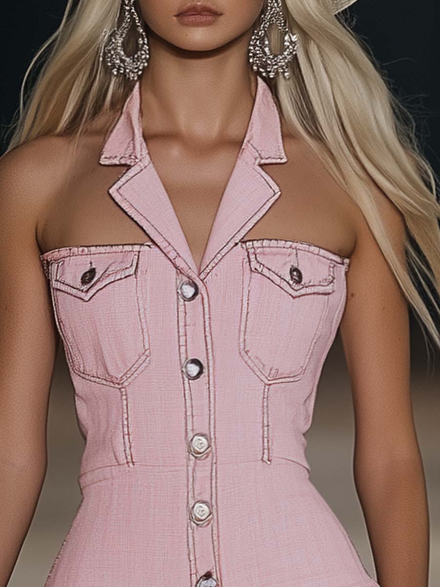 Nieke - Minikleid Western für besondere Abende aus Jeansstoff mit Kragen und Knöpfen ärmellos