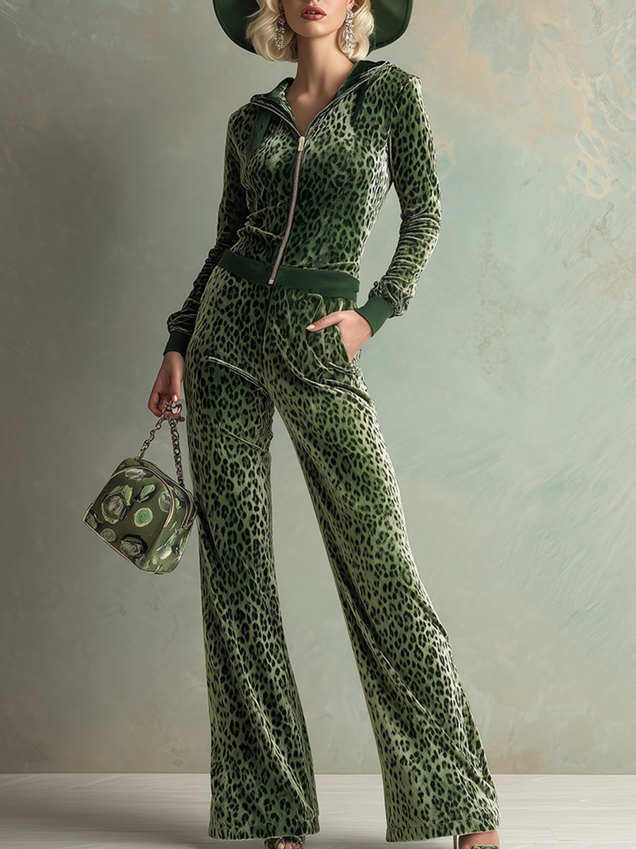 Liya - Overall elegant im Retro-Stil aus Samt Leopardenmuster mit Reißverschluss und Kapuze