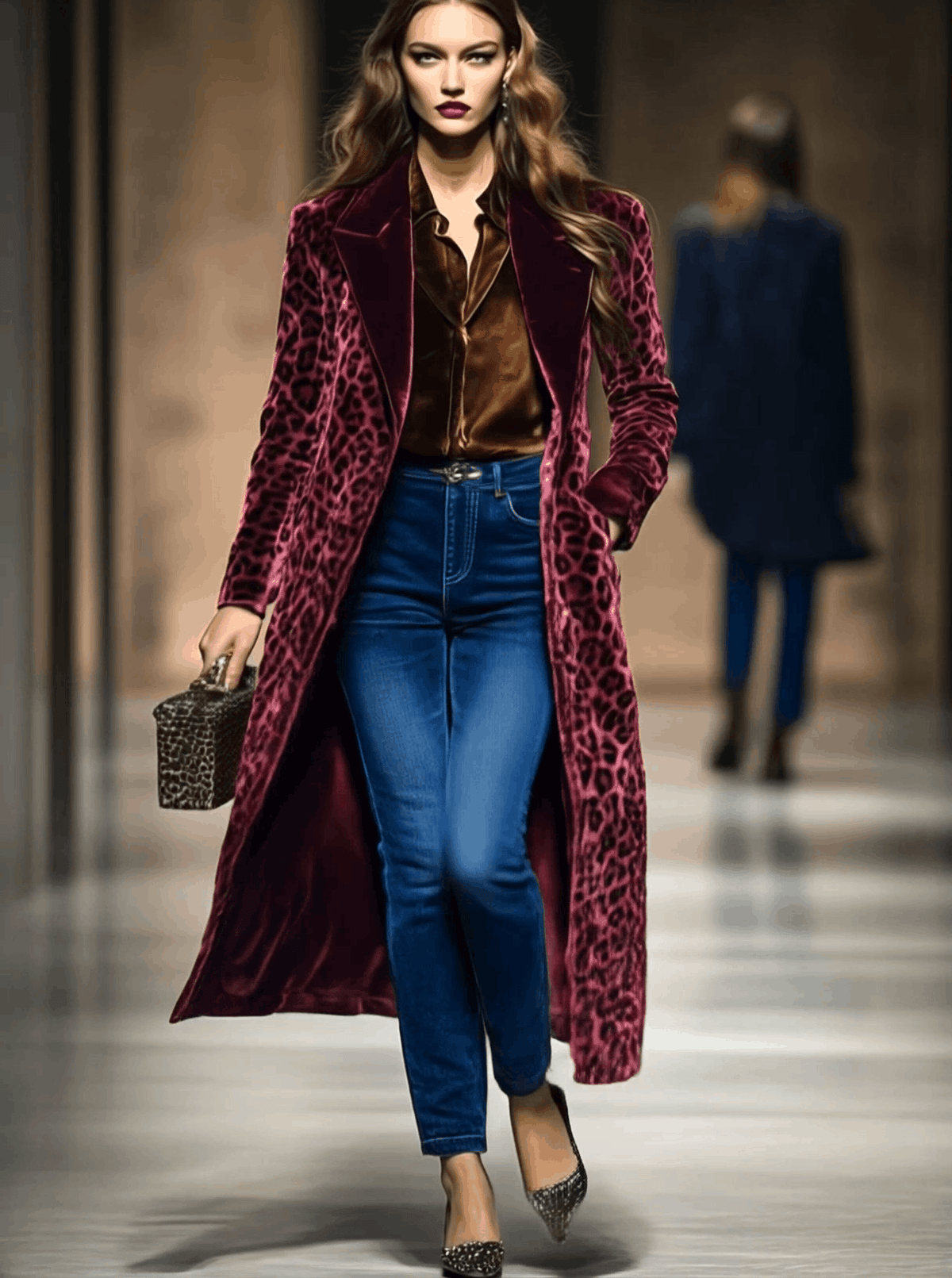 Gisela - Mantel lässig Retro aus Samt Leopardenmuster mit Kragen