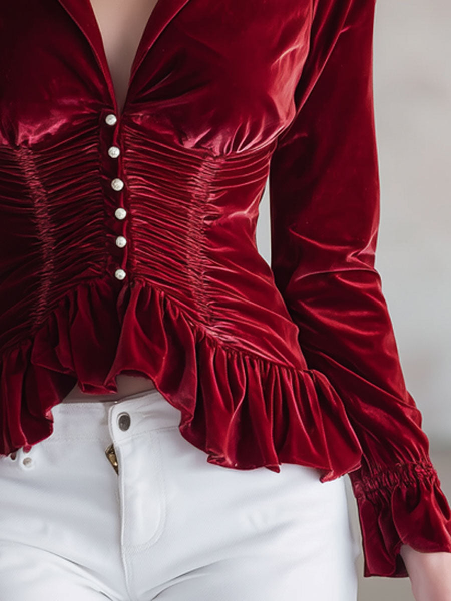 Angelika - Bluse Western im Retro-Stil aus Samt mit Volants und V-Ausschnitt plissiert