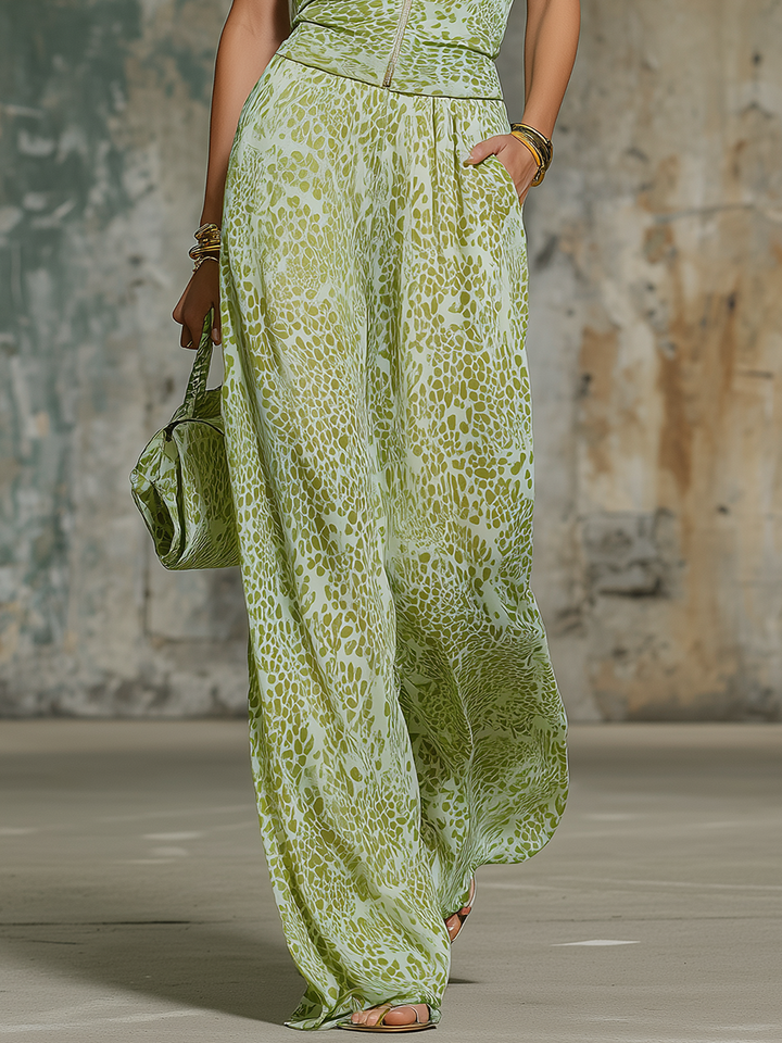 Ava - Elegantes Hosen-Ensemble im Retro-Stil aus Chiffon Leopardenmuster mit Kragen ärmellos