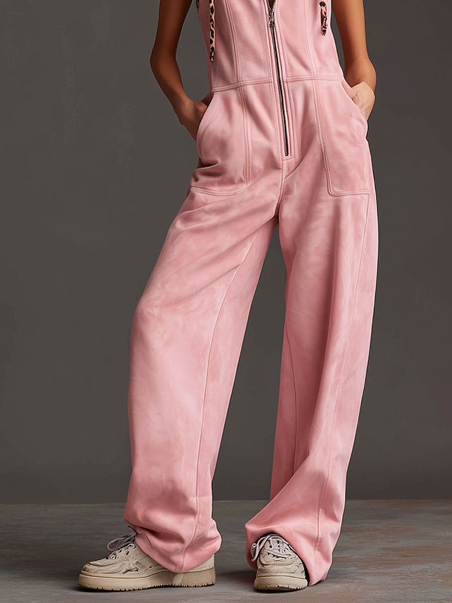 Marga - Overall Western im Retro-Stil aus Kunstwildleder Leopardenmuster mit Reißverschluss und Kapuze ärmellos