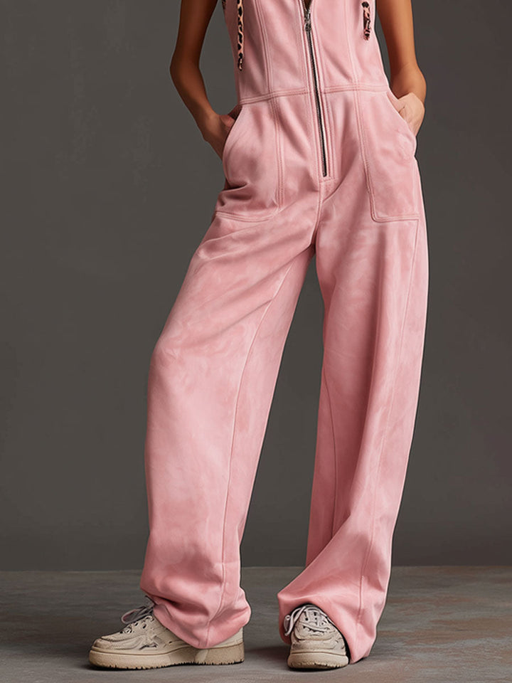 Marga - Overall Western im Retro-Stil aus Kunstwildleder Leopardenmuster mit Reißverschluss und Kapuze ärmellos