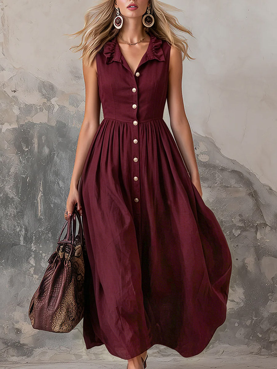 Elena - Elegantes Maxikleid sportlich aus Leinen mit V-Ausschnitt und ärmellosem Schnitt