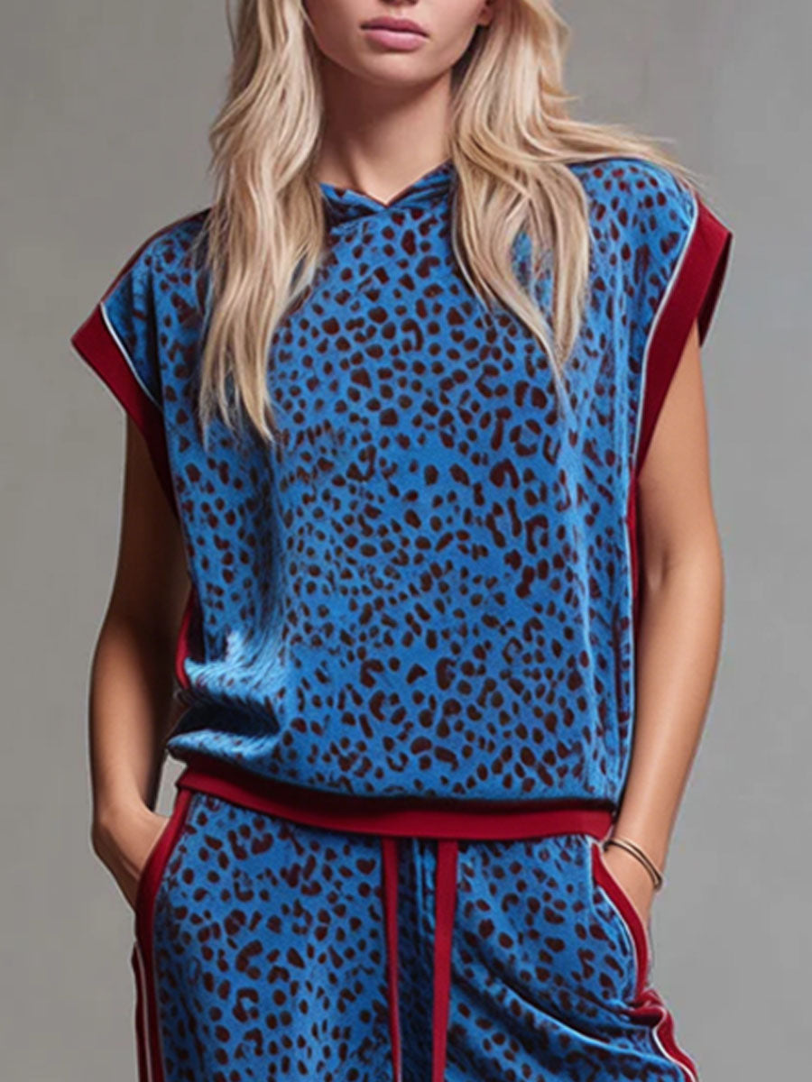 Cornelia - Hosen-Ensemble Western im Retro-Stil aus Samt Leopardenmuster mit Kapuze und ärmellosem Schnitt